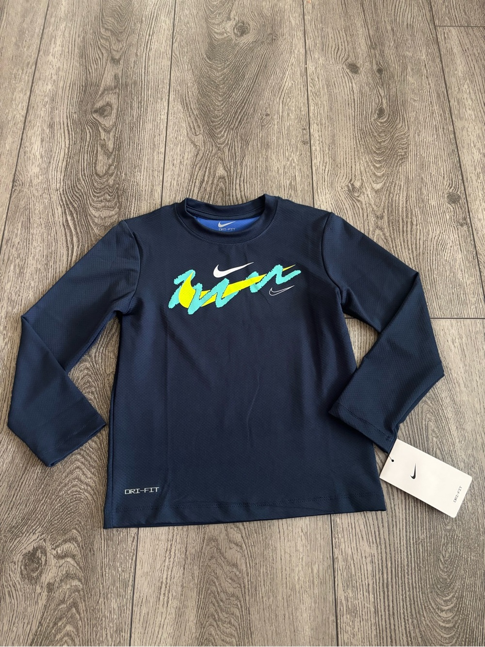 Nike Navy Long Sleeve Dri-FIT Tee with Neon Graphic